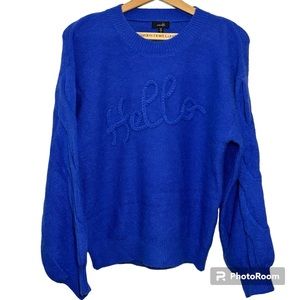 On Twelfth Royal Blue embroidered “Hello” long balloon like sleeve. Women’s XL